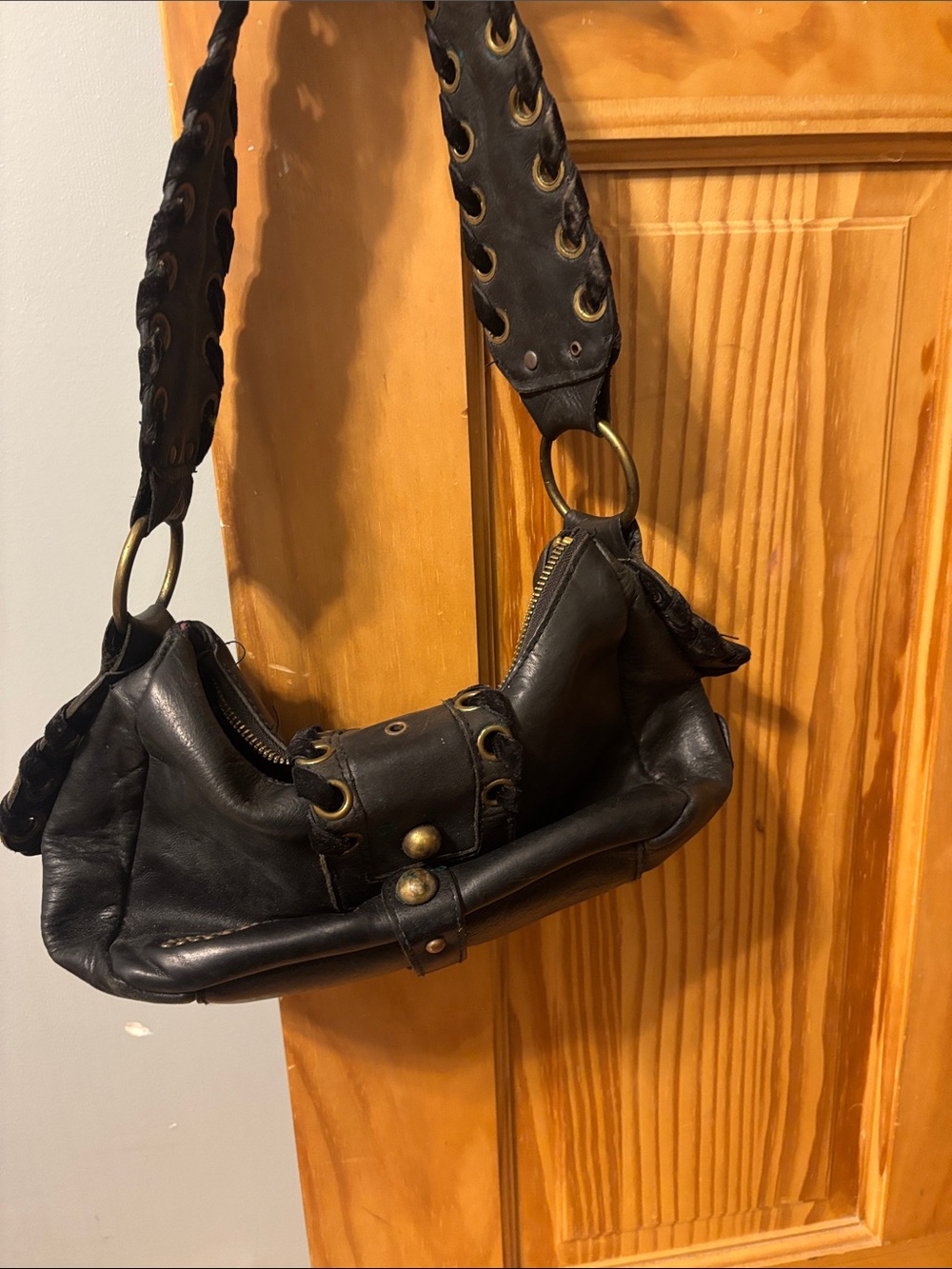 Betsey Johnson Black Shoulder Bag with Brass Accents - Picture 2 of 5